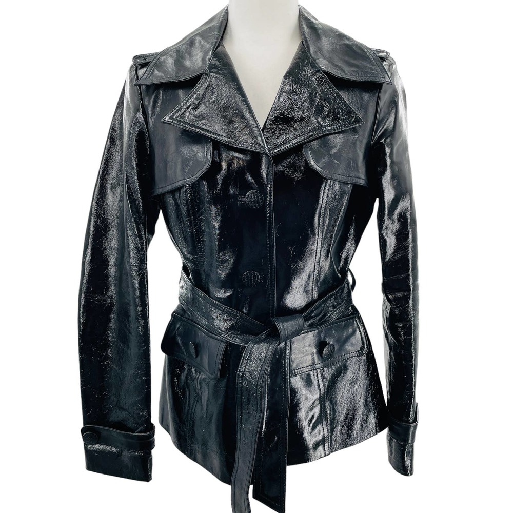 Cache Vtg 90s Black Leather Animal Print Lining Belted Short Trench Coat 6